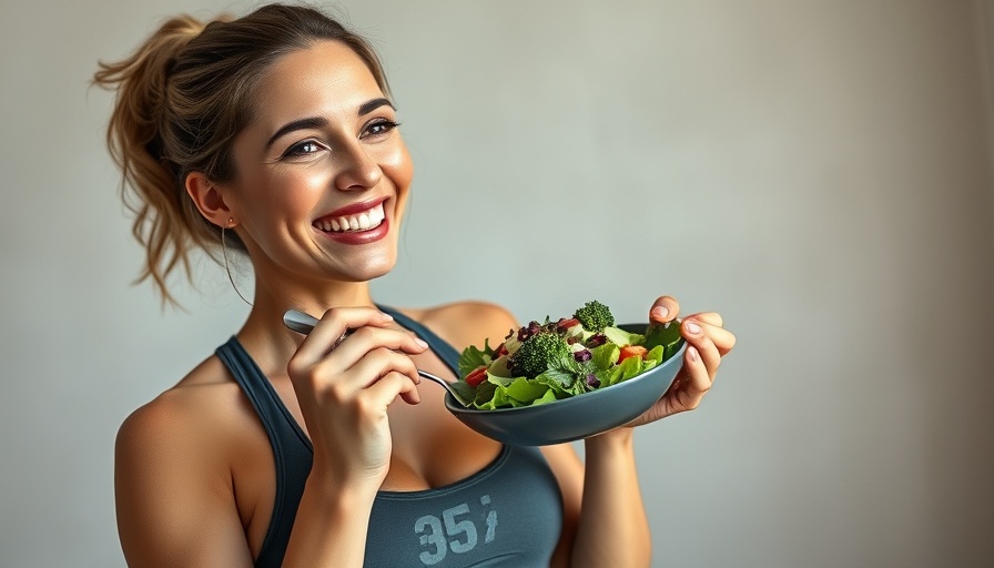 Smiling woman enjoying salad for gut health in bright room.