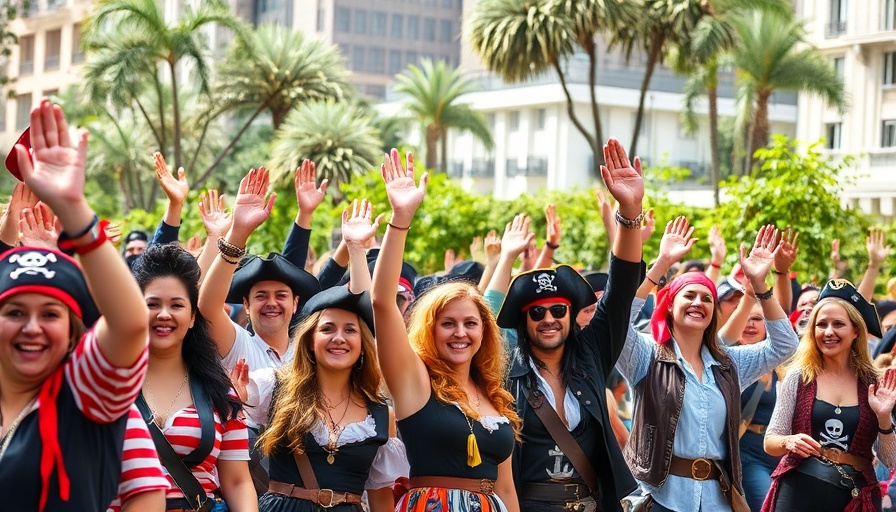 Gasparilla parade crowd celebrating in pirate-themed outfits.