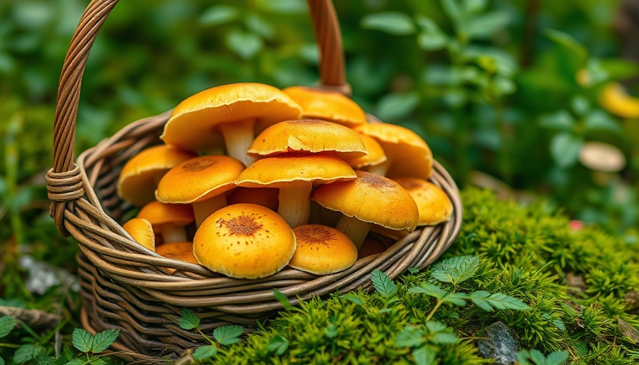 Basket of medicinal mushrooms on a lush forest floor.