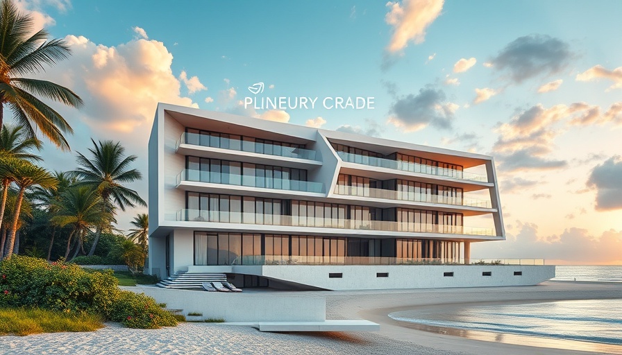 Modern luxury Surfside condo with geometric design and tropical setting.