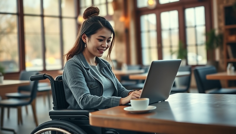 Woman in wheelchair working on a laptop in a sunlit cafe, SSDI approval.