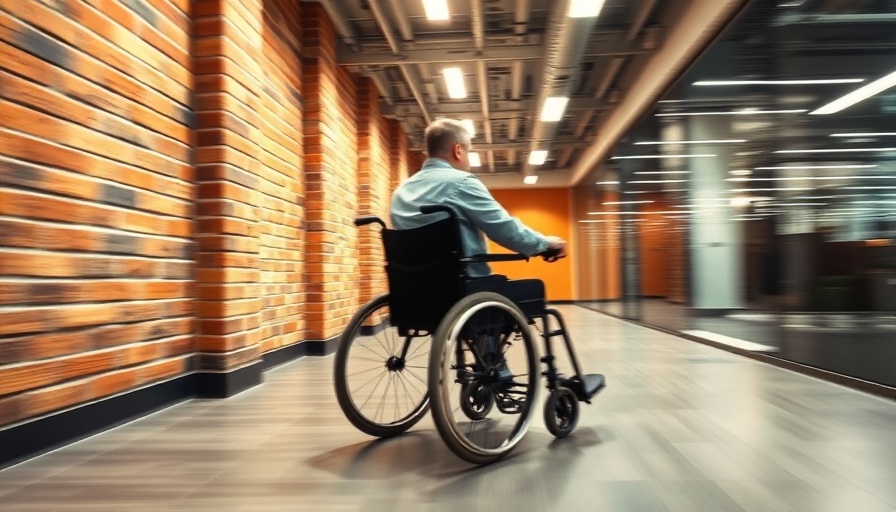 Wheelchair user in modern office, living with a disability.