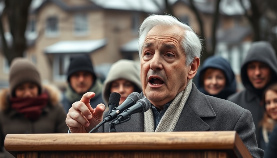 Elderly politician giving speech at outdoor podium, winter setting.