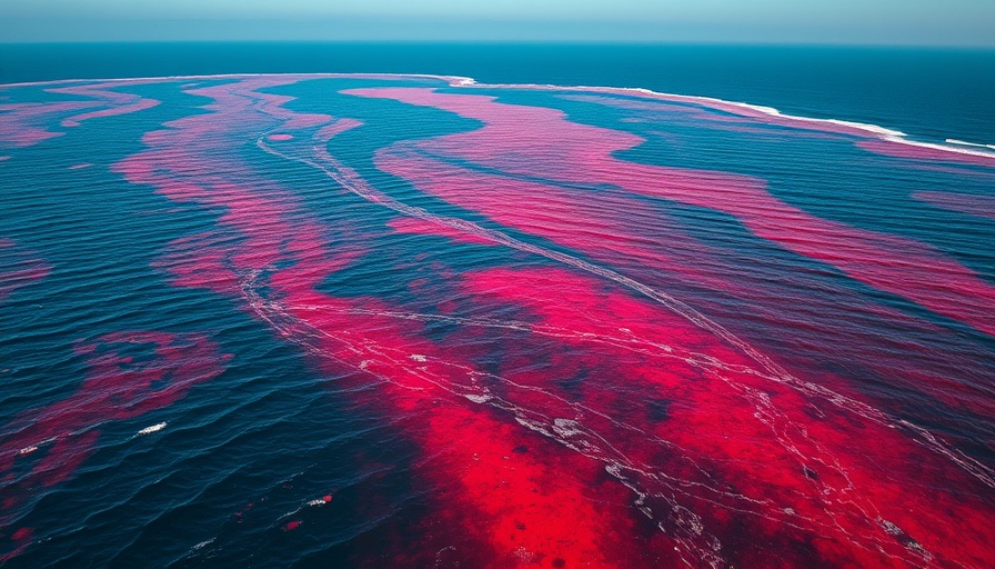 Aerial view showcasing red tide phenomenon with vivid color contrast.