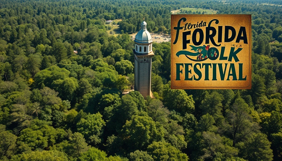 Florida Folk Festival poster over forest landscape.