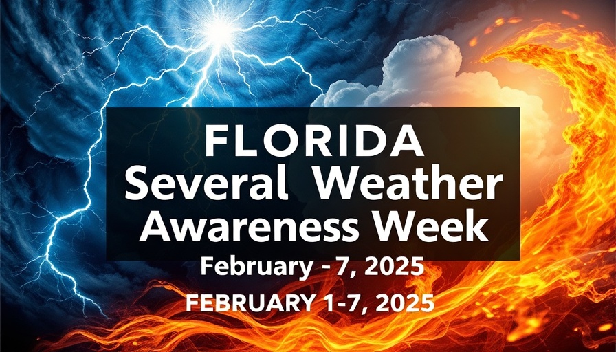 Florida Severe Weather Awareness Week banner with lightning and clouds.