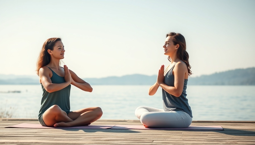 Casual yoga by a lake, promoting exercise and mental health.