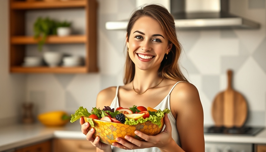 Elegant woman with salad bowl embracing sustainable weight loss in kitchen.