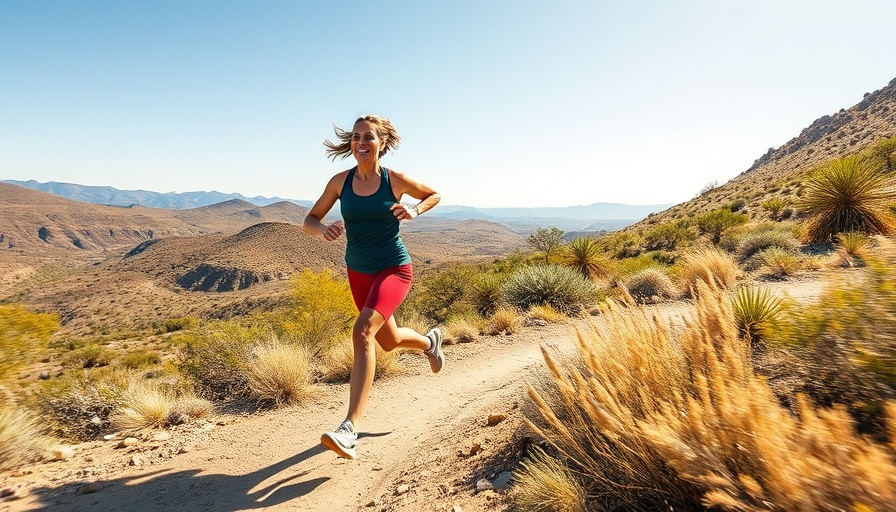 Woman running on trail in sunny desert landscape