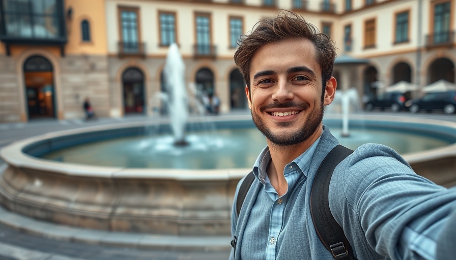 Man taking selfie in front of European architecture using Saily eSIM.