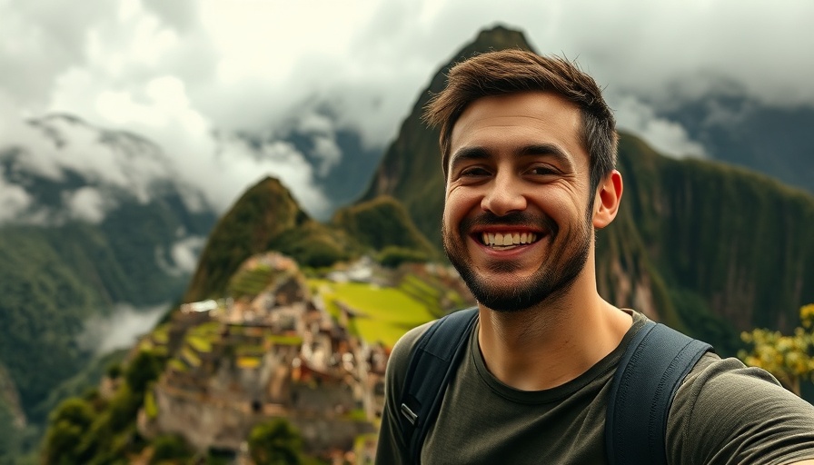 Smiling man at Machu Picchu with misty clouds on the Inca Trail.