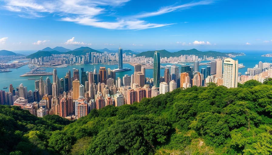 Panoramic Hong Kong skyline from above with lush greenery.