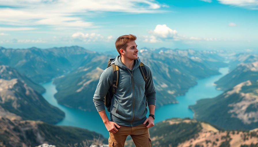 Young man exploring a scenic mountain vista for travel guide.