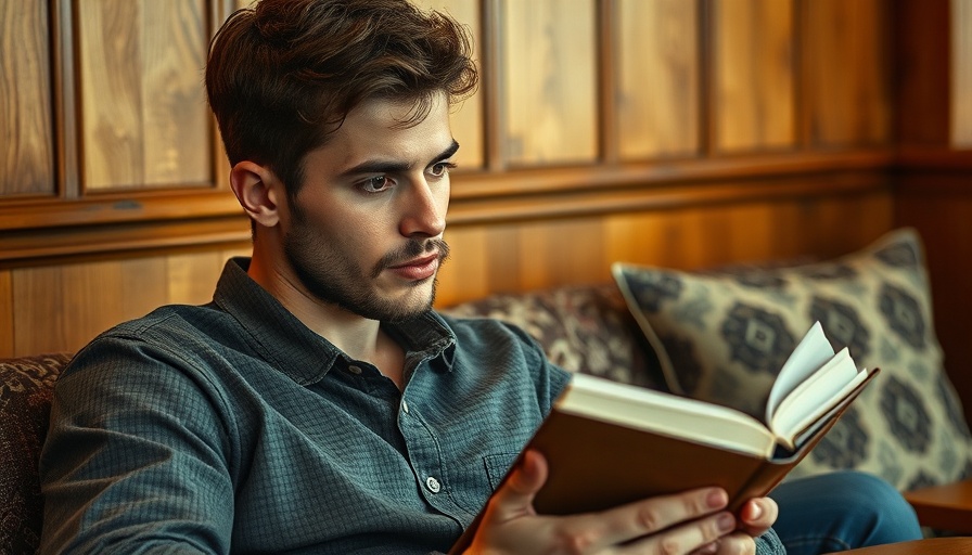 Introspective young man reading book in cozy cafe, life beyond travel theme.