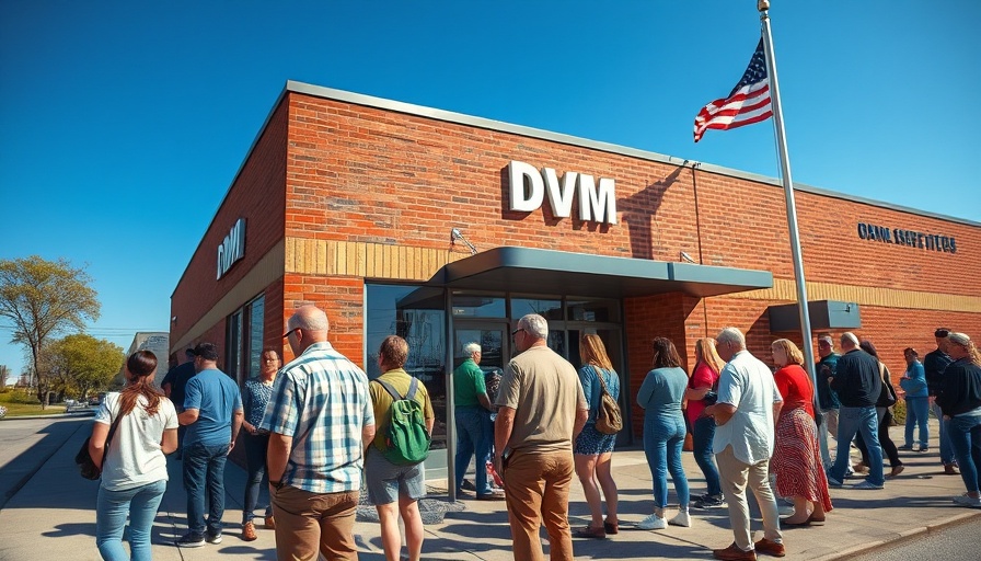 People lined up outside DMV for Real ID on a sunny day.