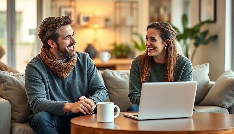 Relaxed conversation about credit score at home with laptop.