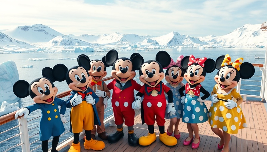 Disney characters on a cruise ship with icy mountain backdrop.