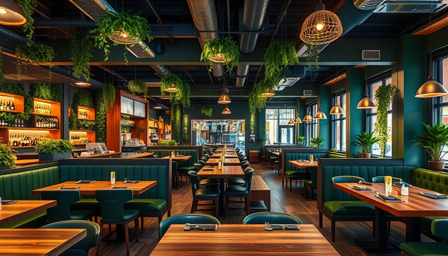 Hereford Grill's modern interior with green and wood accents.