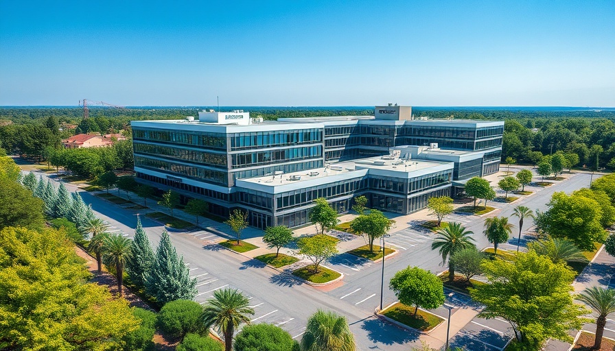 Aerial view of modern office building surrounded by greenery.