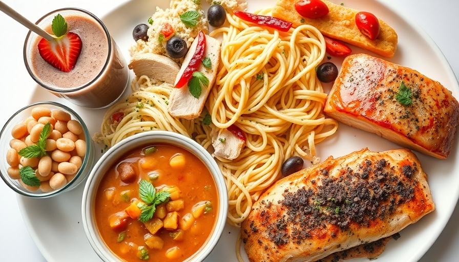 Assortment of gluten-free meals including pasta, beans, and smoothie.