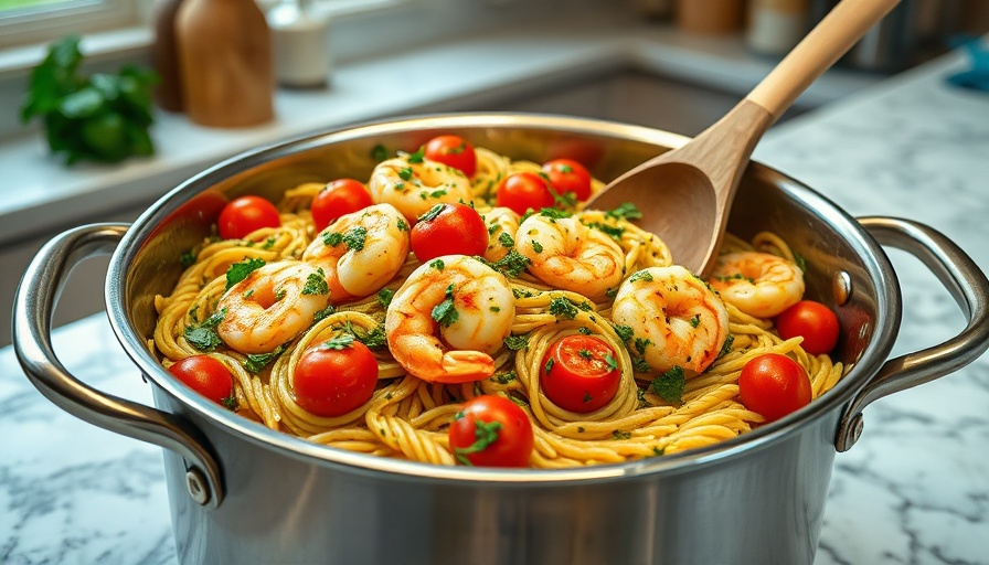 Vibrant pesto shrimp orzo dish in a pot with cherry tomatoes.