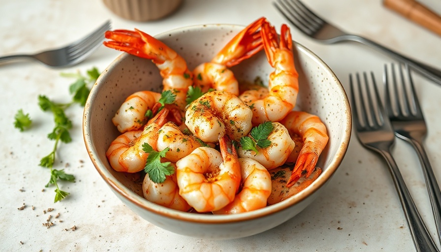 Salsa verde shrimp dish served on rice in a ceramic bowl.