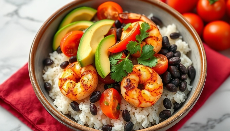 Blackened shrimp bowls with avocado and cilantro.