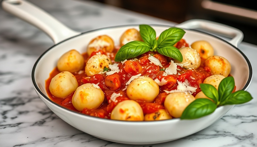 Gnocchi marinara topped with fresh basil and parmesan in a skillet.