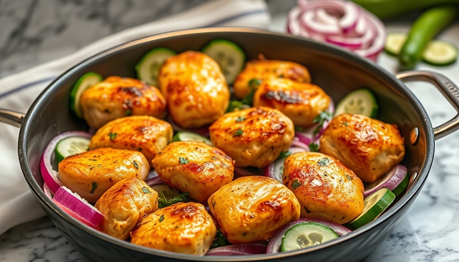 Greek chicken bites searing in a skillet with fresh ingredients.