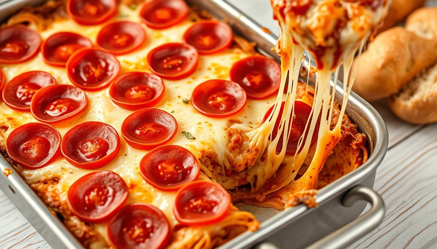 Delicious baked casserole with pepperoni topping, perfect for snacking.