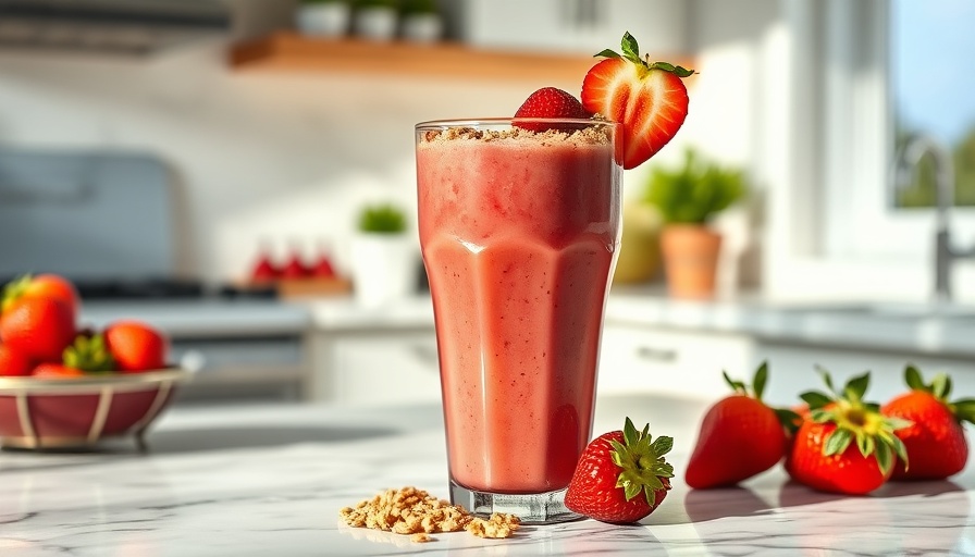 Refreshing strawberry smoothie with granola on marble countertop.