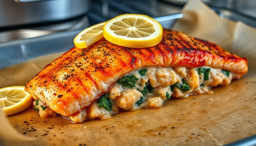 Delicious stuffed salmon with lemon slices on baking sheet.