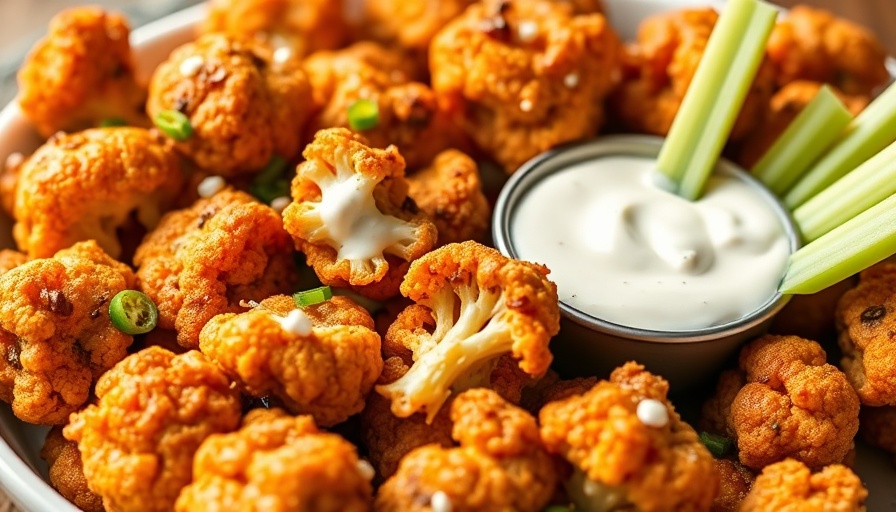 Crispy cauliflower wings with ranch dressing and celery.