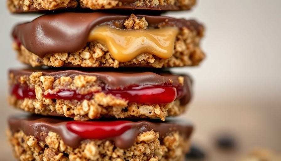 Stack of PB&J Protein Oat Cups with chocolate, peanut butter, and jelly.