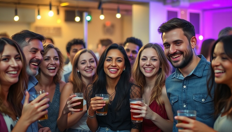 Joyful group celebration indoors with colorful lighting.