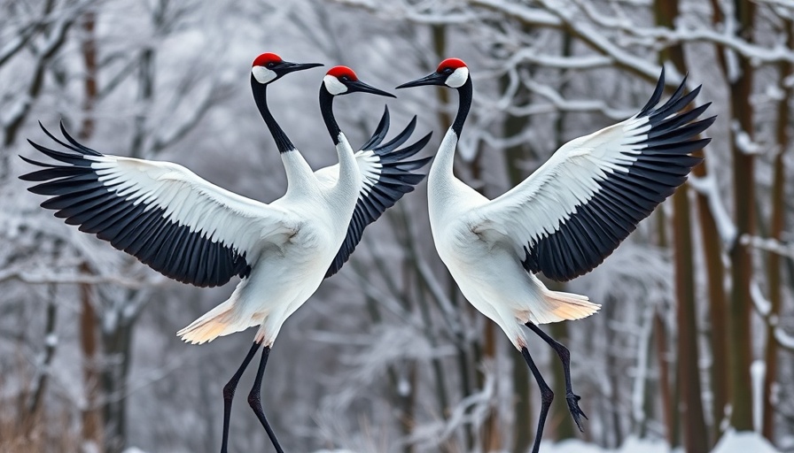 Red-crowned cranes dancing in snowy Japan forest.