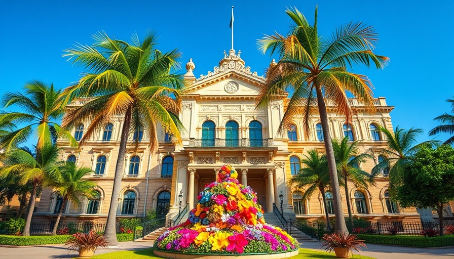 Historic building with palms and Hawaiian floral sculpture.