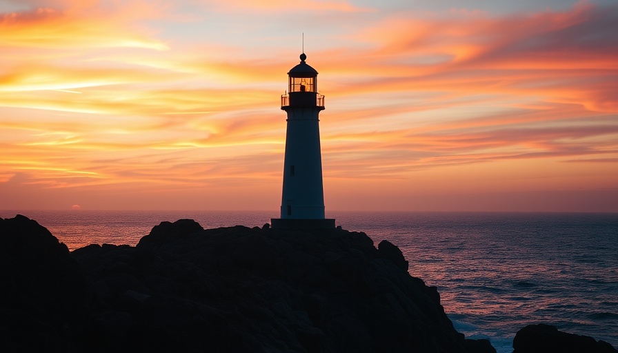 Lighthouse at sunset on rocky coast, Online Travel Training.