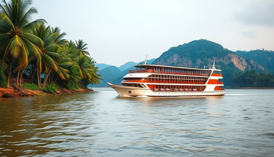 Elegant river cruise ship on serene Mekong River with palm trees.