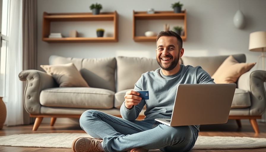 Man smiling while earning travel points on laptop at home