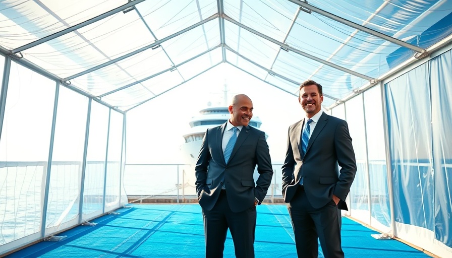 Three executives on blue carpet with Mein Schiff ship in background.