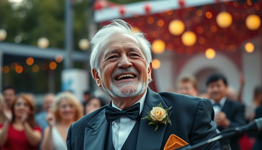 Elderly performer in formal attire at lively outdoor event.