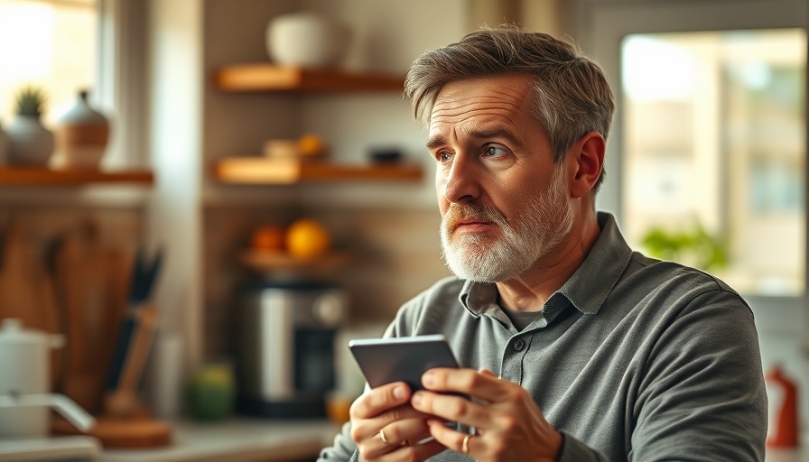 Middle-aged man holding credit card in cozy kitchen, natural light.