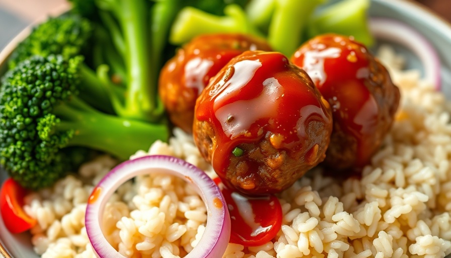 Sweet chili garlic meatballs with rice and vegetables.