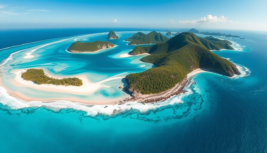 Aerial view of Bahamas islands, promoting Bahamas tourism.