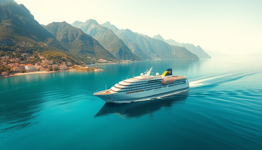 Luxurious cruise ship on an expedition cruise in a tranquil bay surrounded by mountains.