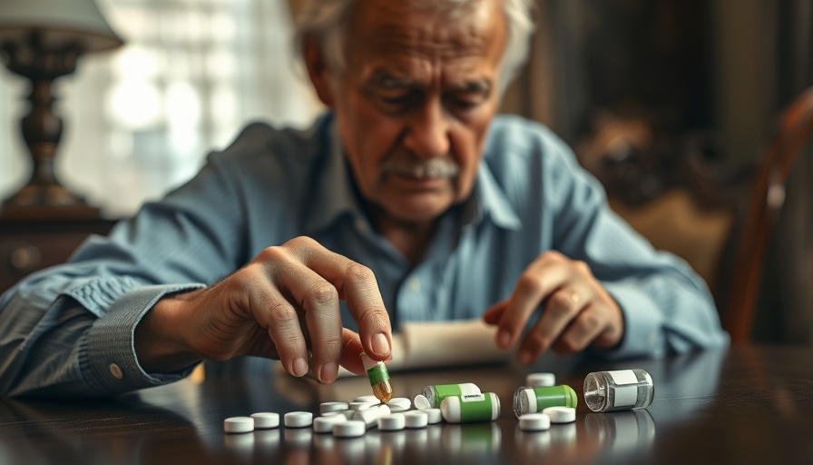 Elderly man organizing medication, highlighting medication adherence.