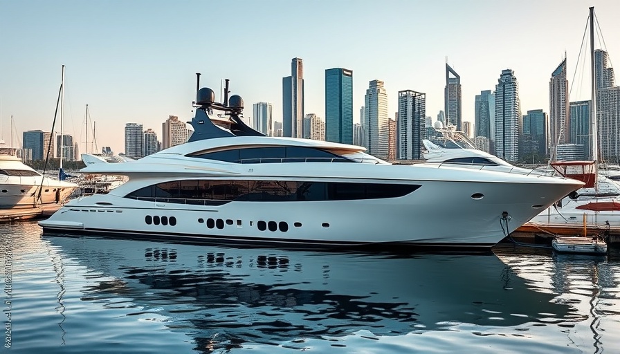 Luxury yacht at Miami Boat Show with city skyline.