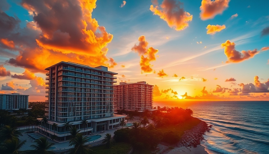 Sunset view of Miami-Dade condo market skyline by the ocean.