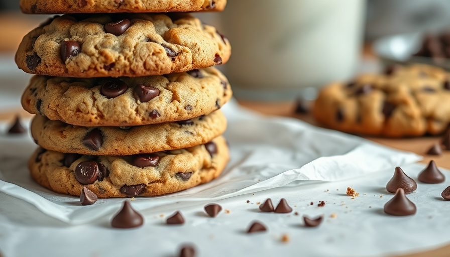 Rustic healthy chocolate chip cookies stacked with melting chips.